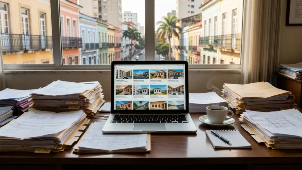 Mesa de escritório imobiliário com documentos e notebook mostrando imóveis no Brasil