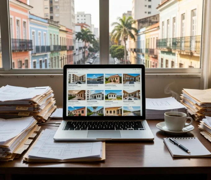 Mesa de escritório imobiliário com documentos e notebook mostrando imóveis no Brasil