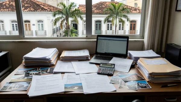 Mesa com documentos e fotos de imóveis para cálculo de tempo médio de exclusividade na carteira imobiliária