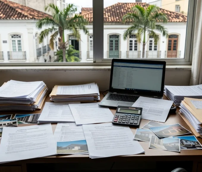 Mesa com documentos e fotos de imóveis para cálculo de tempo médio de exclusividade na carteira imobiliária