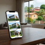 Smartphone com stories de imóvel brasileiro para captação de leads