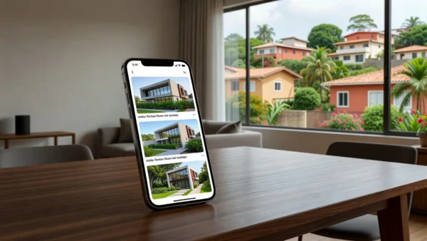 Smartphone com stories de imóvel brasileiro para captação de leads