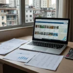 Mesa com notebook e documentos de portais imobiliários no Brasil