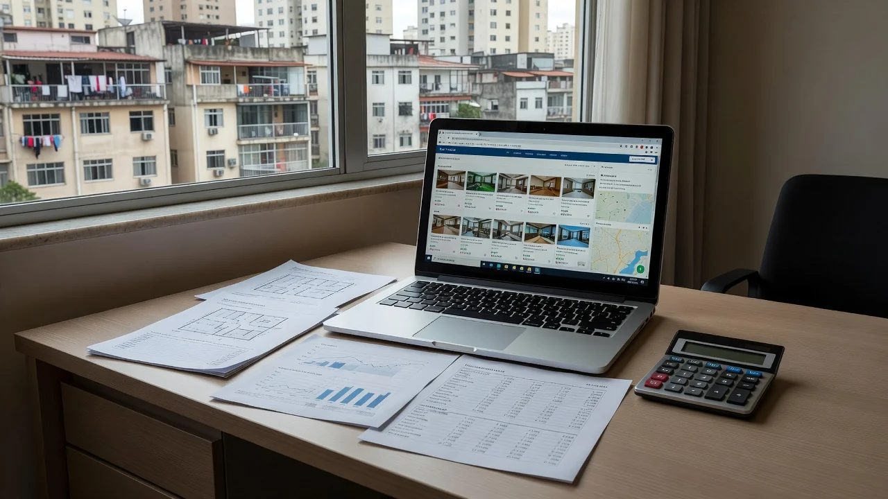 Mesa com notebook e documentos de portais imobiliários no Brasil