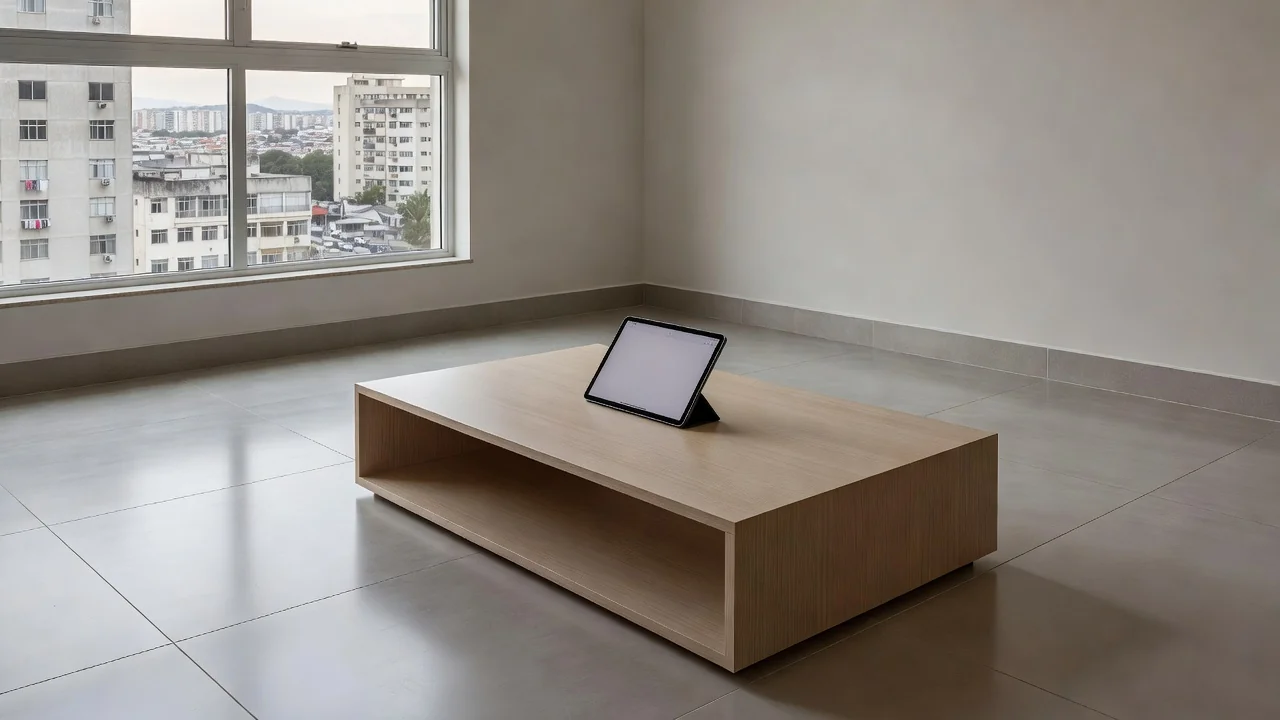 Tablet com formulário digital em apartamento moderno brasileiro para feedback de visitas imobiliárias