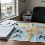 Mesa com contratos de co-corretagem imobiliária interestadual e mapa do Brasil