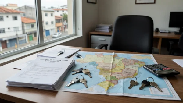 Mesa com contratos de co-corretagem imobiliária interestadual e mapa do Brasil