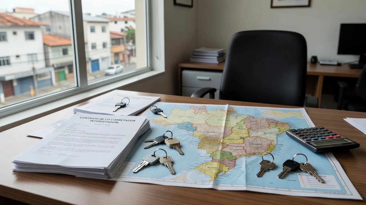 Mesa com contratos de co-corretagem imobiliária interestadual e mapa do Brasil