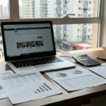 Mesa com laptop, gráficos e planilhas de custo por venda em portais imobiliários