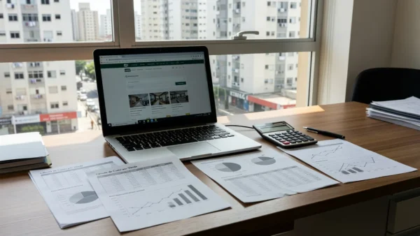 Mesa com laptop, gráficos e planilhas de custo por venda em portais imobiliários