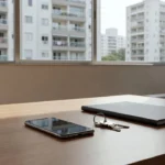 Smartphone em mesa de apartamento representando classificação de leads imobiliários no WhatsApp