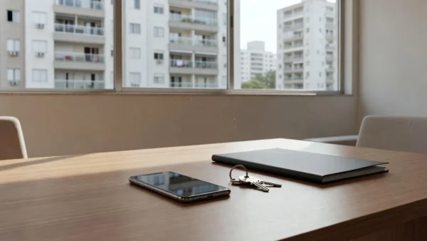 Smartphone em mesa de apartamento representando classificação de leads imobiliários no WhatsApp