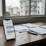 Smartphone com chat de follow-up imobiliário no WhatsApp sobre proposta rejeitada