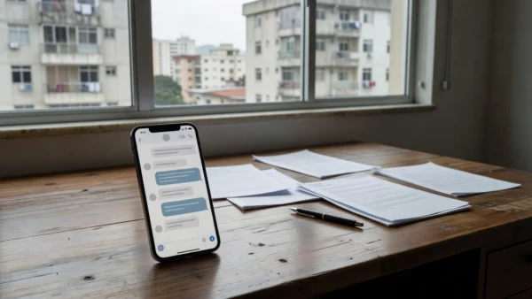 Smartphone com chat de follow-up imobiliário no WhatsApp sobre proposta rejeitada