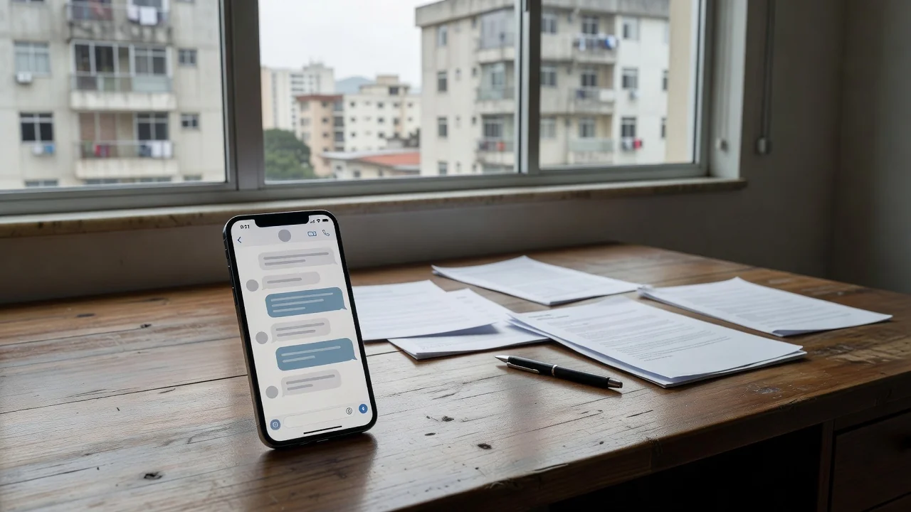 Smartphone com chat de follow-up imobiliário no WhatsApp sobre proposta rejeitada