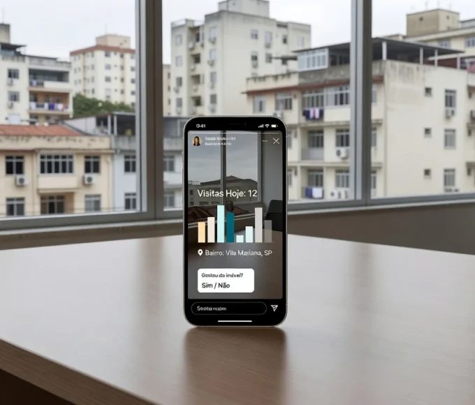 Smartphone com Stories imobiliários sobre feedback de visitas em contexto brasileiro