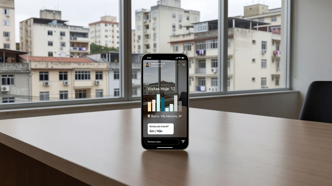 Smartphone com Stories imobiliários sobre feedback de visitas em contexto brasileiro
