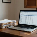 Mesa com laptop e planilha de histórico de contatos no mercado imobiliário brasileiro