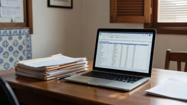 Mesa com laptop e planilha de histórico de contatos no mercado imobiliário brasileiro