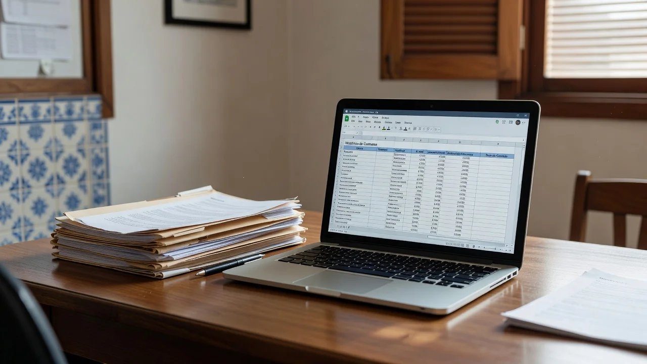 Mesa com laptop e planilha de histórico de contatos no mercado imobiliário brasileiro