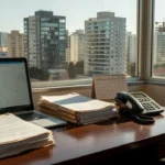 Mesa de escritório imobiliário com laptop e documentos de imóveis no Brasil