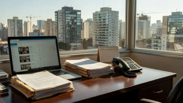 Mesa de escritório imobiliário com laptop e documentos de imóveis no Brasil