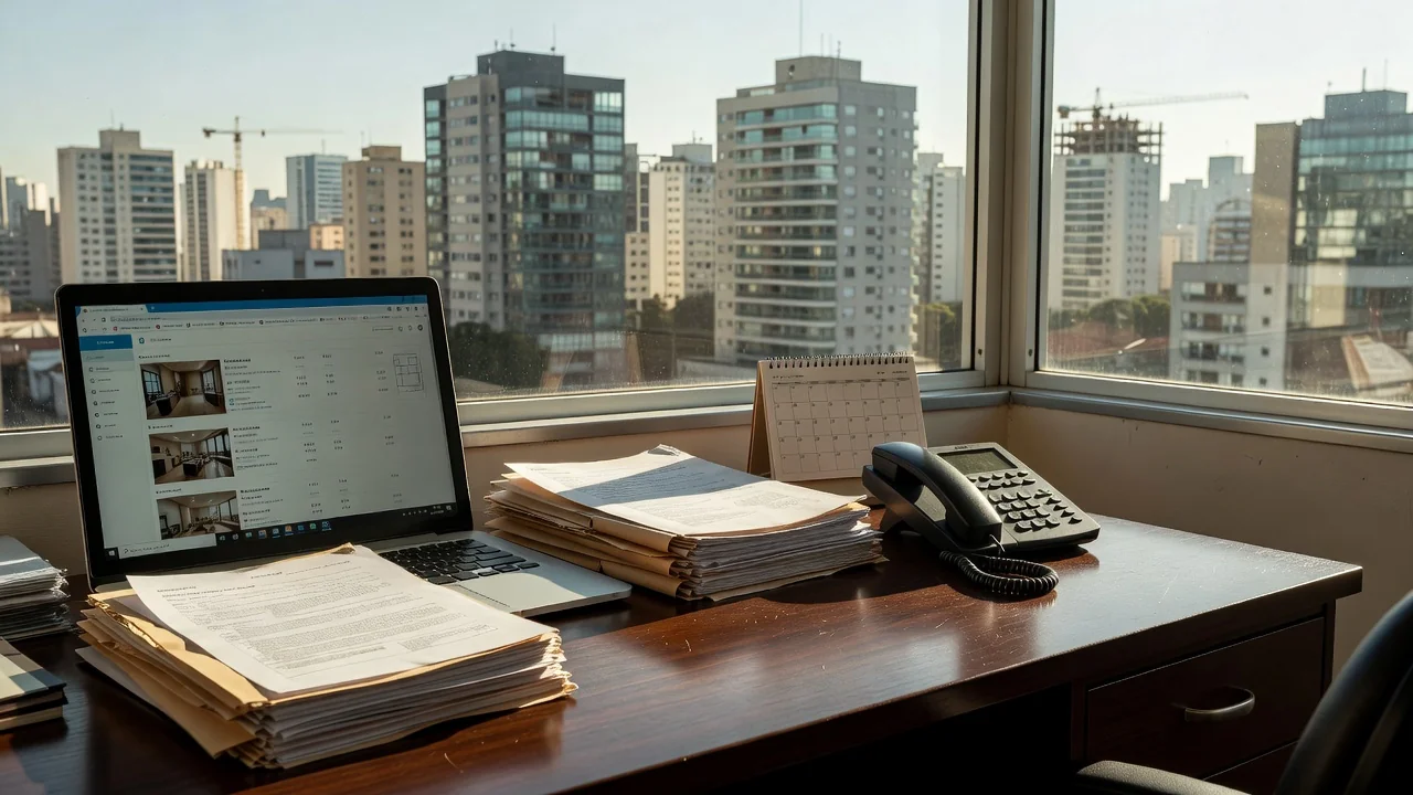 Mesa de escritório imobiliário com laptop e documentos de imóveis no Brasil