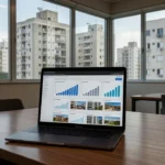 Laptop exibindo carrossel de dados imobiliários no LinkedIn em ambiente brasileiro