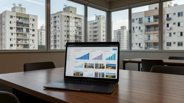 Laptop exibindo carrossel de dados imobiliários no LinkedIn em ambiente brasileiro