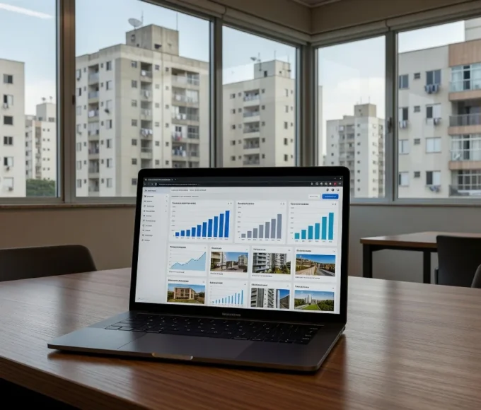 Laptop exibindo carrossel de dados imobiliários no LinkedIn em ambiente brasileiro