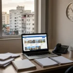 Mesa com laptop e relógio em escritório imobiliário para medir tempo de resposta a leads