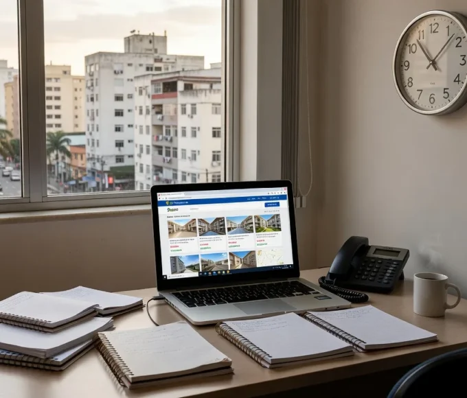 Mesa com laptop e relógio em escritório imobiliário para medir tempo de resposta a leads