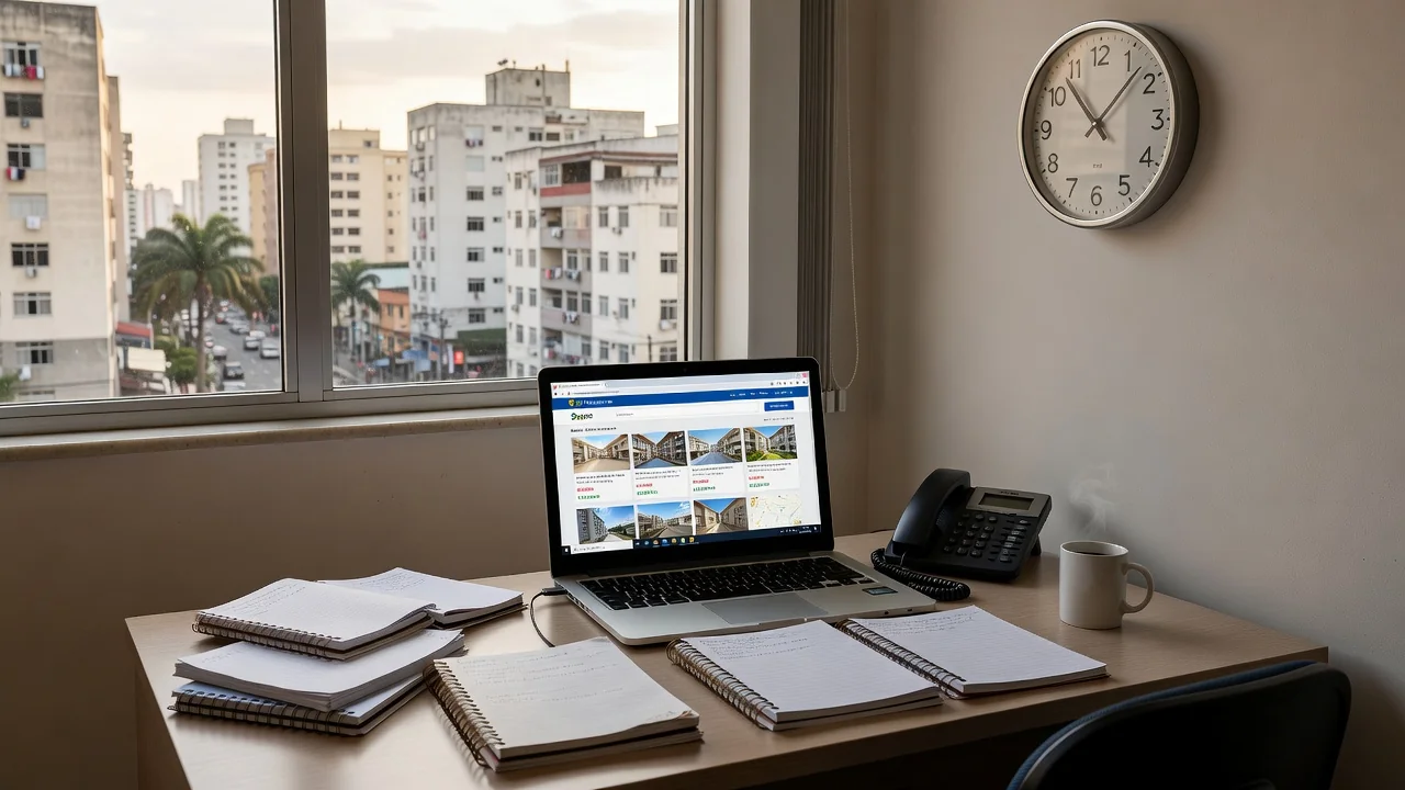 Mesa com laptop e relógio em escritório imobiliário para medir tempo de resposta a leads