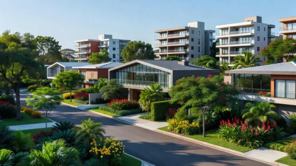 Condomínio residencial brasileiro moderno representando mercado imobiliário e captação pós-venda