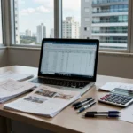 Mesa com laptop e planilha de imóveis em escritório imobiliário brasileiro