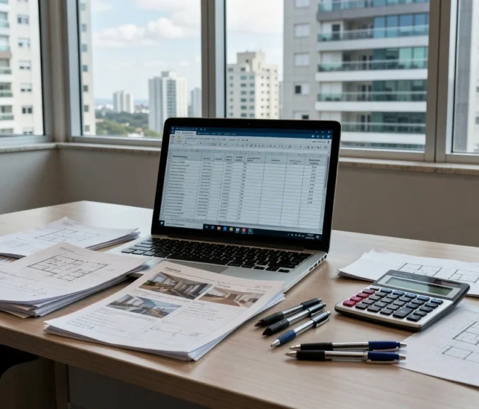 Mesa com laptop e planilha de imóveis em escritório imobiliário brasileiro