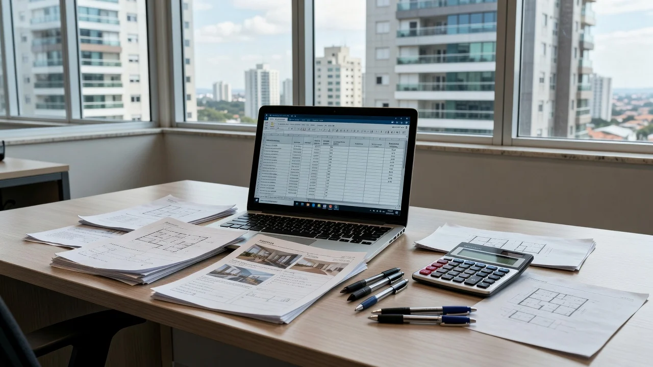 Mesa com laptop e planilha de imóveis em escritório imobiliário brasileiro