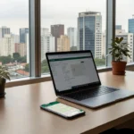 Smartphone com WhatsApp em mesa de escritório imobiliário brasileiro