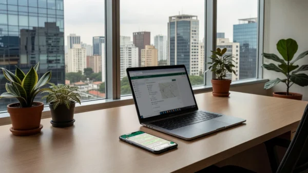 Smartphone com WhatsApp em mesa de escritório imobiliário brasileiro