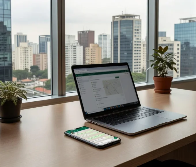 Smartphone com WhatsApp em mesa de escritório imobiliário brasileiro