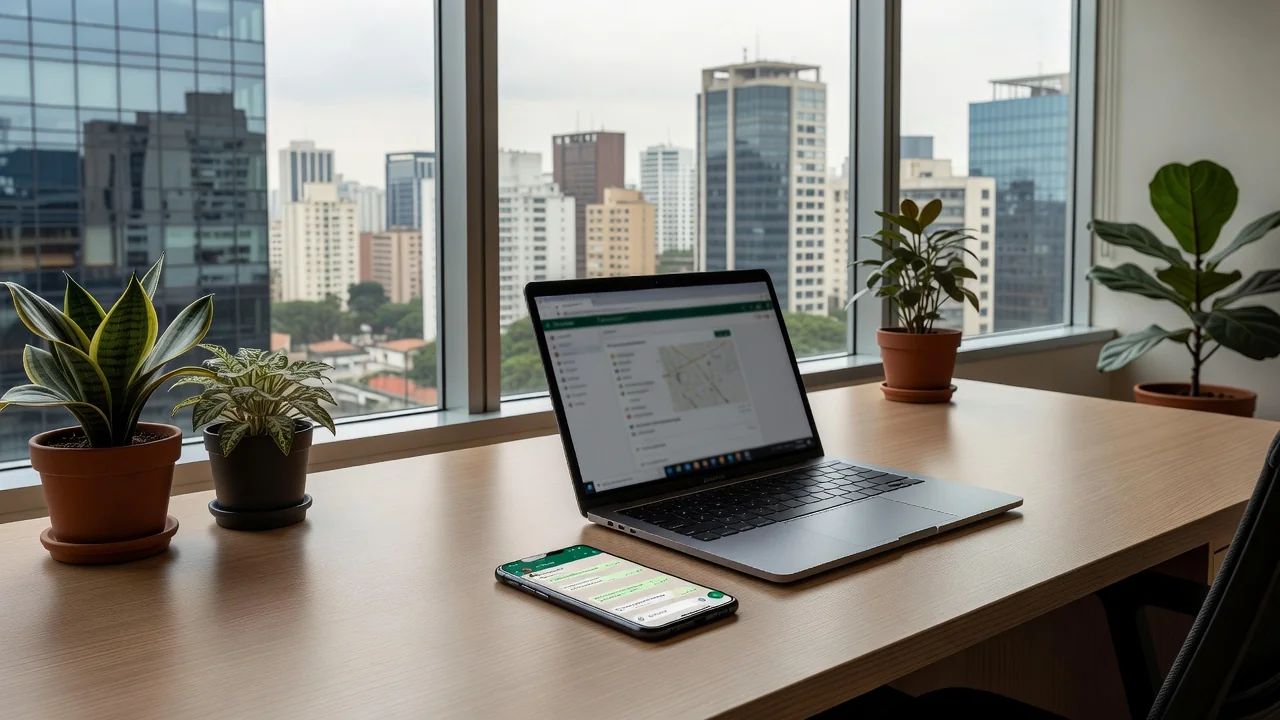 Smartphone com WhatsApp em mesa de escritório imobiliário brasileiro