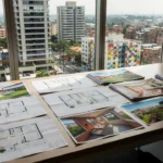 Mesa com propostas imobiliárias e plantas de imóveis residenciais no Brasil