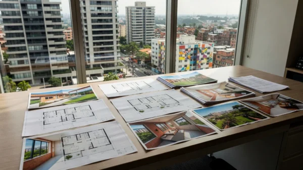 Mesa com propostas imobiliárias e plantas de imóveis residenciais no Brasil