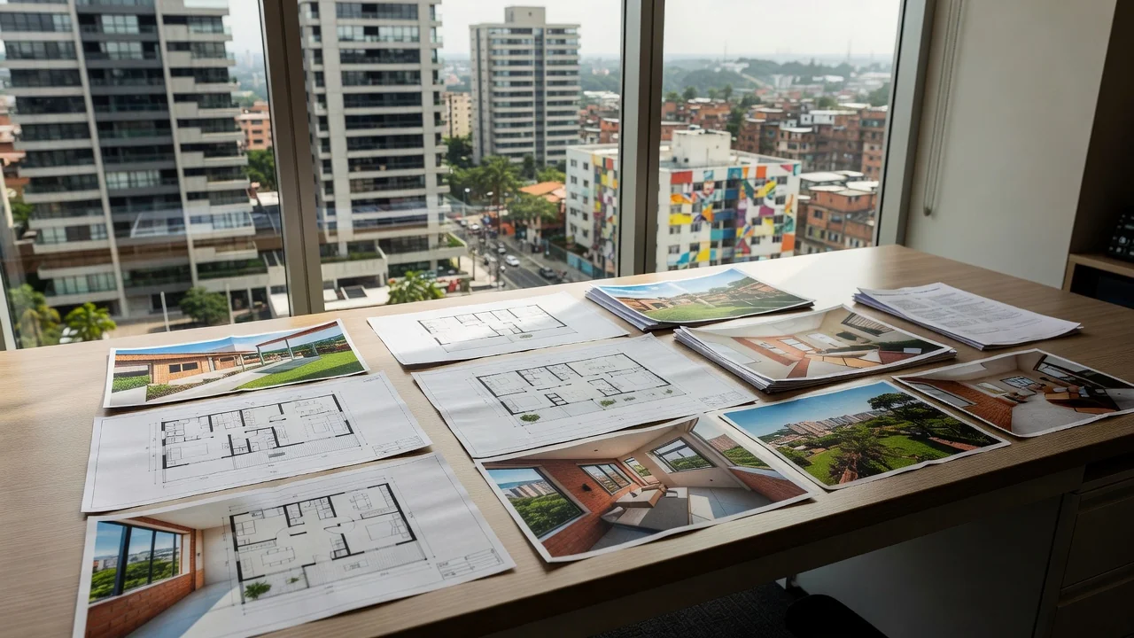 Mesa com propostas imobiliárias e plantas de imóveis residenciais no Brasil
