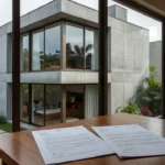 Casa brasileira com documentos de contrato imobiliário sobre mesa de madeira