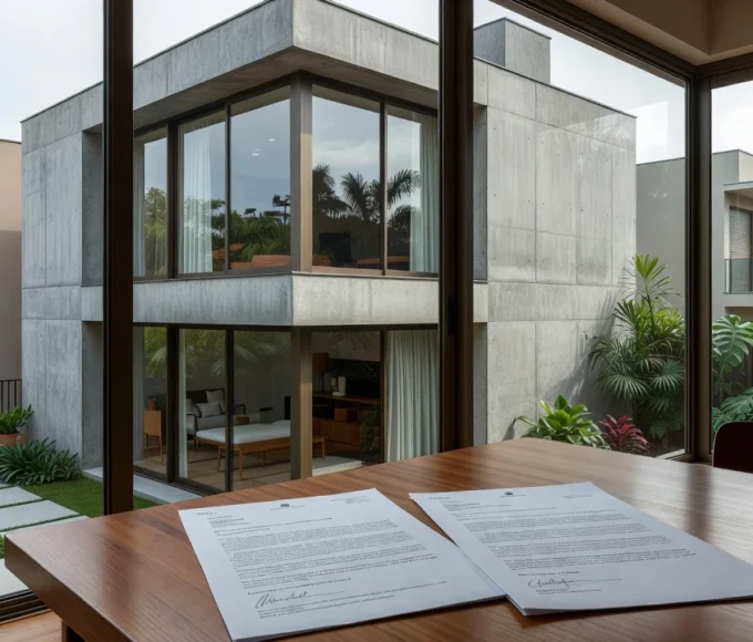 Casa brasileira com documentos de contrato imobiliário sobre mesa de madeira
