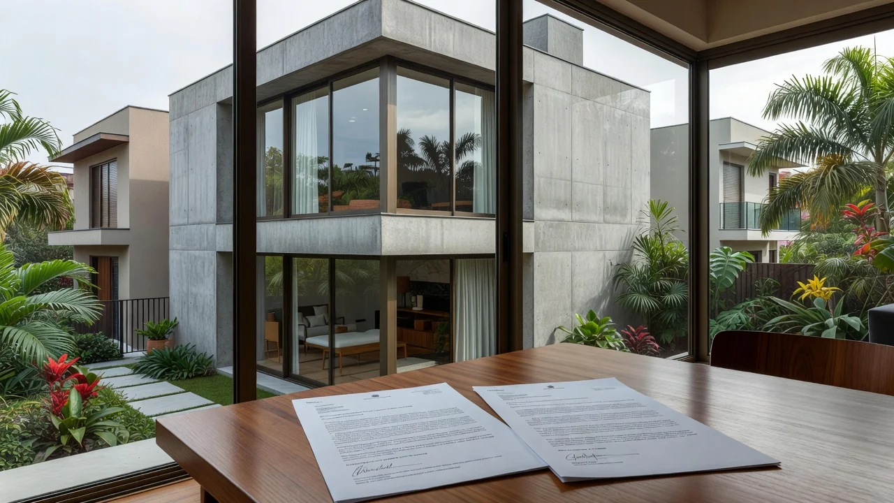 Casa brasileira com documentos de contrato imobiliário sobre mesa de madeira