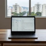 Laptop em mesa com interface de e-mail e vista para imóveis residenciais em São Paulo