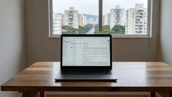 Laptop em mesa com interface de e-mail e vista para imóveis residenciais em São Paulo