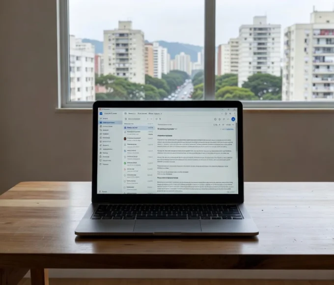 Laptop em mesa com interface de e-mail e vista para imóveis residenciais em São Paulo